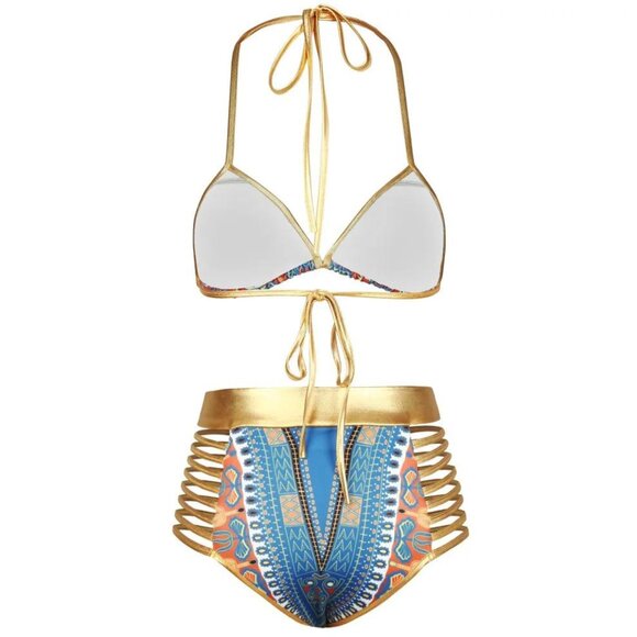 Gorgeous Ultra Sexy Goddess in Gold Boho Aztec Print Bikini Swimsuit Strappy NEW - Picture 4 of 12